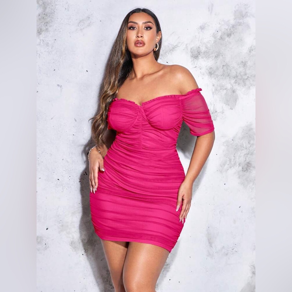 SHEIN Hot Pink Off-Shoulder Ruched Mini Dress